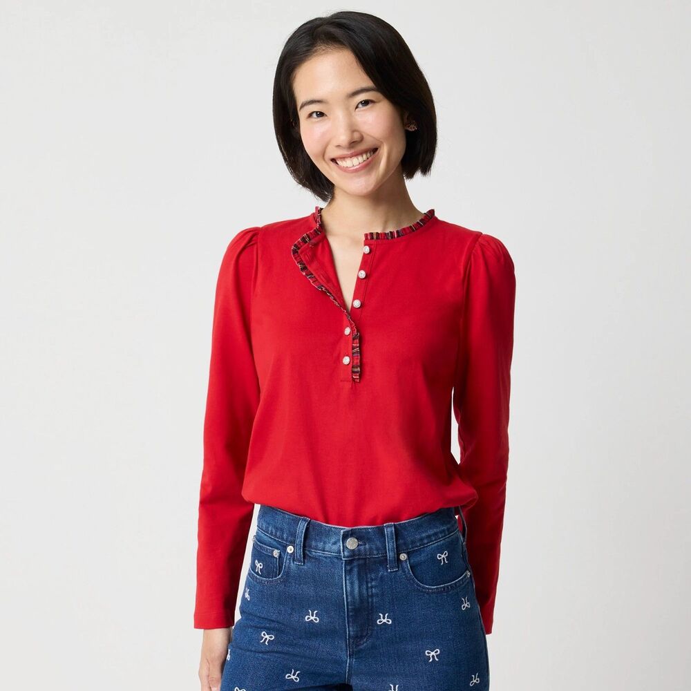 J.Crew Factory 100% Cotton Red Long-sleeve tartan and jewels henley Size XL NWT